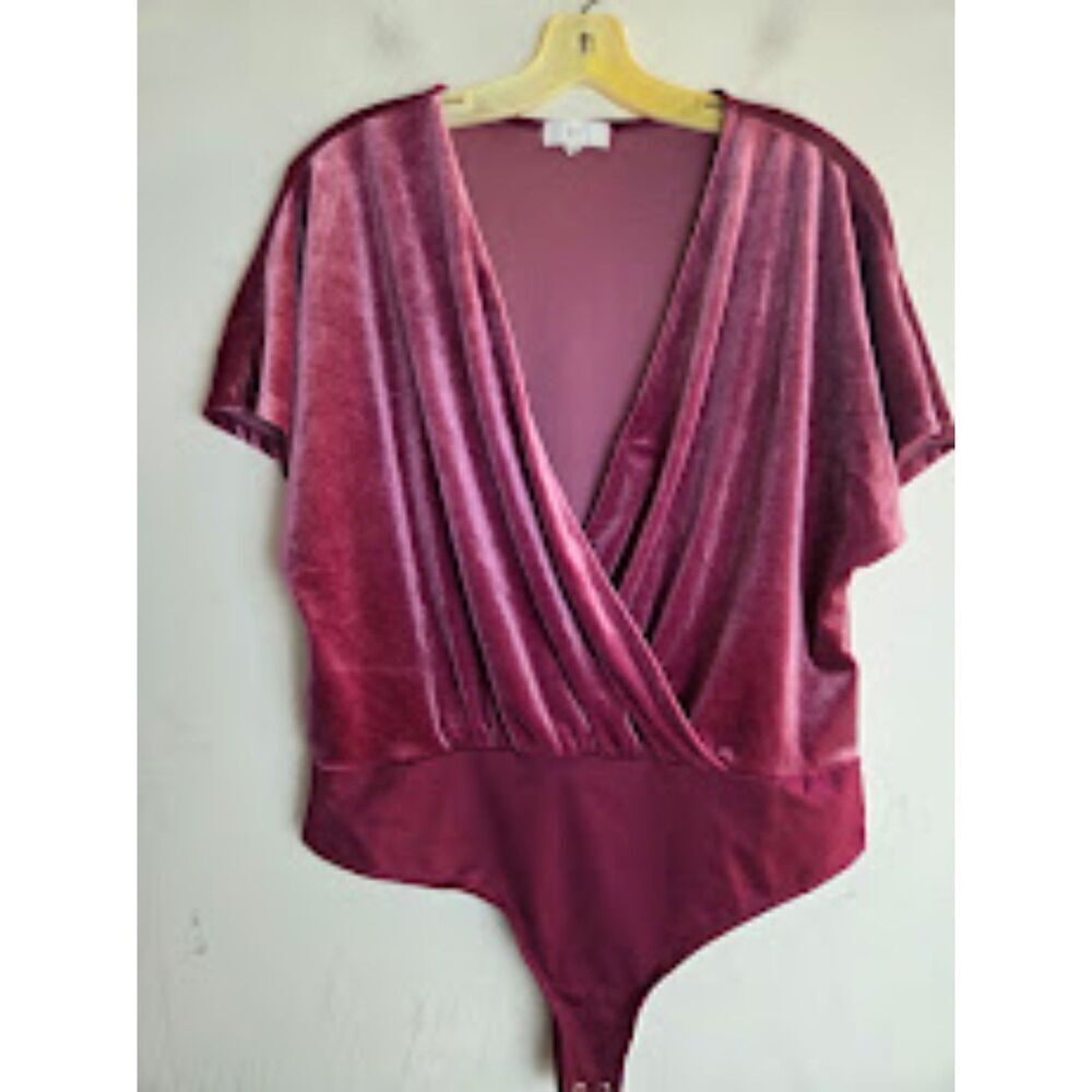 NSR Women Burgunday Red Short Sleeve Velvet Faux Wrap Thong Bodysuit Top sz XL